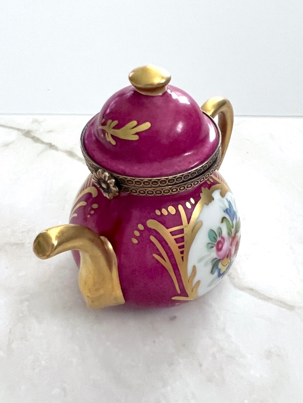 Vintage Limoges France Teapot Trinket Box Hand Painted Floral Peint Main Burgund
